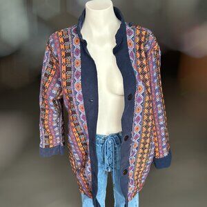 Vintage Navy Blue Aztec Tribal Boho Cardigan – 100% Cotton Jacket